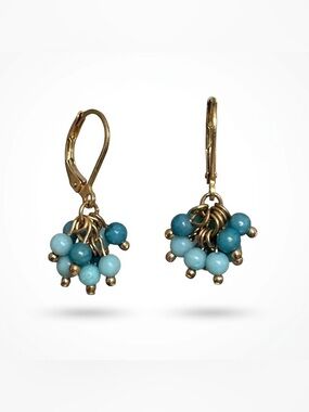 Boho Teal & Aqua Beaded Cluster Dangle Earrings - Gold Tone